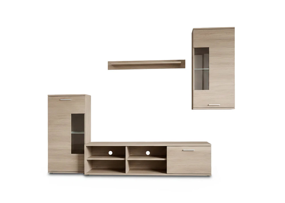 Mueble modular para el salón de madera clara con dos armarios, estantes abiertos y un estante flotante. Diseño elegante y moderno sobre fondo blanco.