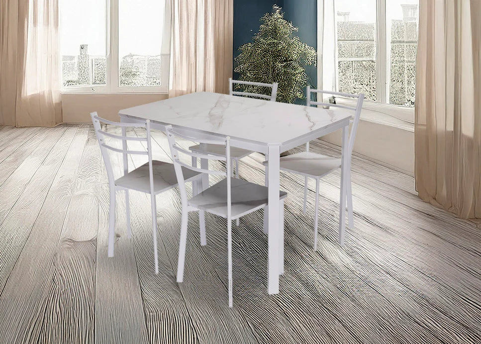 Conjunto de Mesa y 4 Sillas, Efecto Marmol Blanco y Metal. Comedor o Cocina