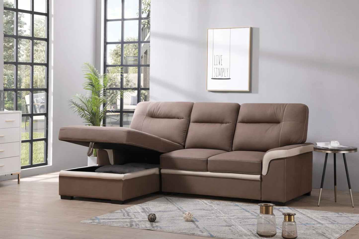 Sofa Cama Chaise Longue Old Farrar 255x168cm, con Arcon