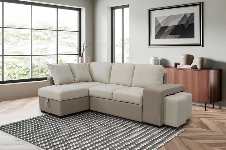 Sofá Cama Chaise Longue Stacy 250x158cm, Arcón +2 puffs