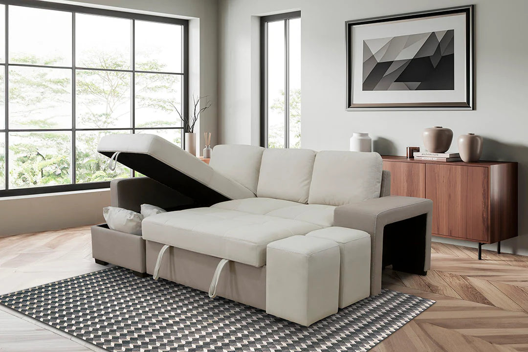 Sofá Cama Chaise Longue Stacy 250x158cm, Arcón +2 puffs