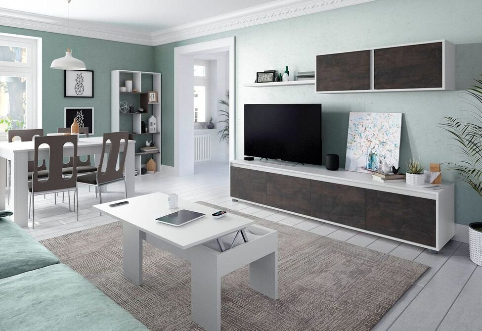 Salón moderno con una pared verde menta, muebles elegantes en tonos blancos y marrones, un televisor grande, una mesa de comedor y obras de arte abstractas, que transmiten una elegancia serena.