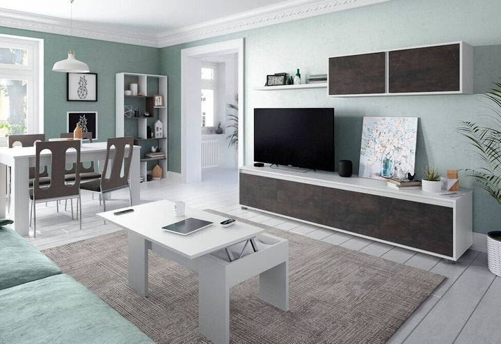 Salón moderno con una pared verde menta, muebles elegantes en tonos blancos y marrones, un televisor grande, una mesa de comedor y obras de arte abstractas, que transmiten una elegancia serena.
