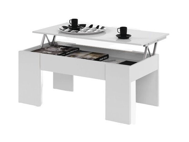 Mesa de centro blanca con tapa abatible y una sección elevada, sobre la que hay un plato blanco y negro y dos tazas negras. En la parte inferior se pueden guardar libros de forma ordenada.
