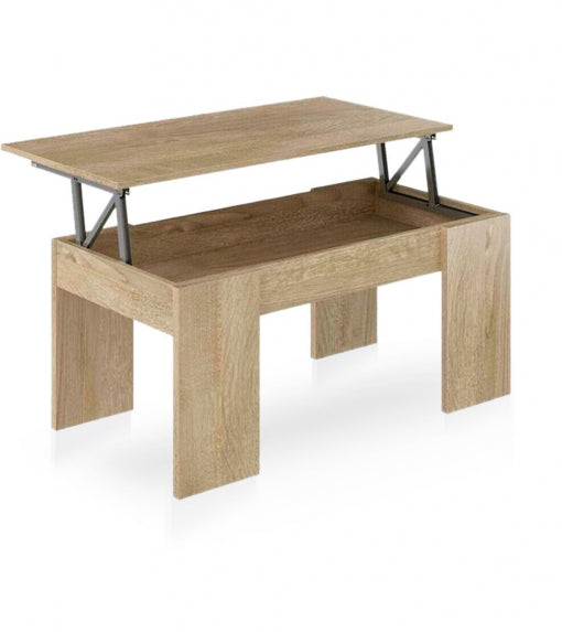 Mesa de centro de Cambria con tapa abatible sobre fondo blanco, que se abre para revelar un espacio de almacenamiento. El acabado en madera natural le confiere un aspecto moderno y funcional.