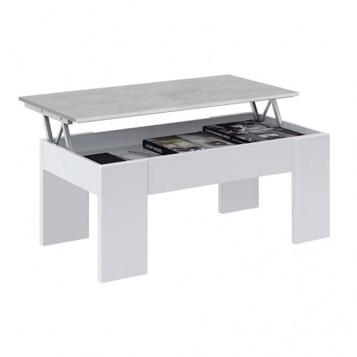 Mesa de centro moderna de color blanco con tapa elevable que deja al descubierto un compartimento de almacenamiento en su parte inferior. Los libros están ordenados con esmero en su interior, lo que transmite una sensación de elegancia y orden.