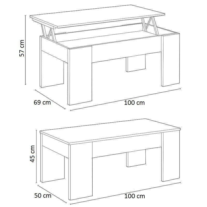 Ilustración de una mesa de altura regulable. El esquema muestra dos posiciones: extendida, a 57 cm de altura, y compacta, a 45 cm de altura. Las dimensiones están indicadas.