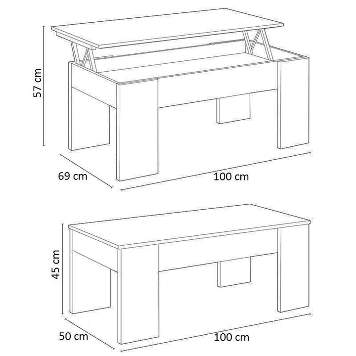 Ilustración de una mesa de altura regulable. El esquema muestra dos posiciones: extendida, a 57 cm de altura, y compacta, a 45 cm de altura. Las dimensiones están indicadas.