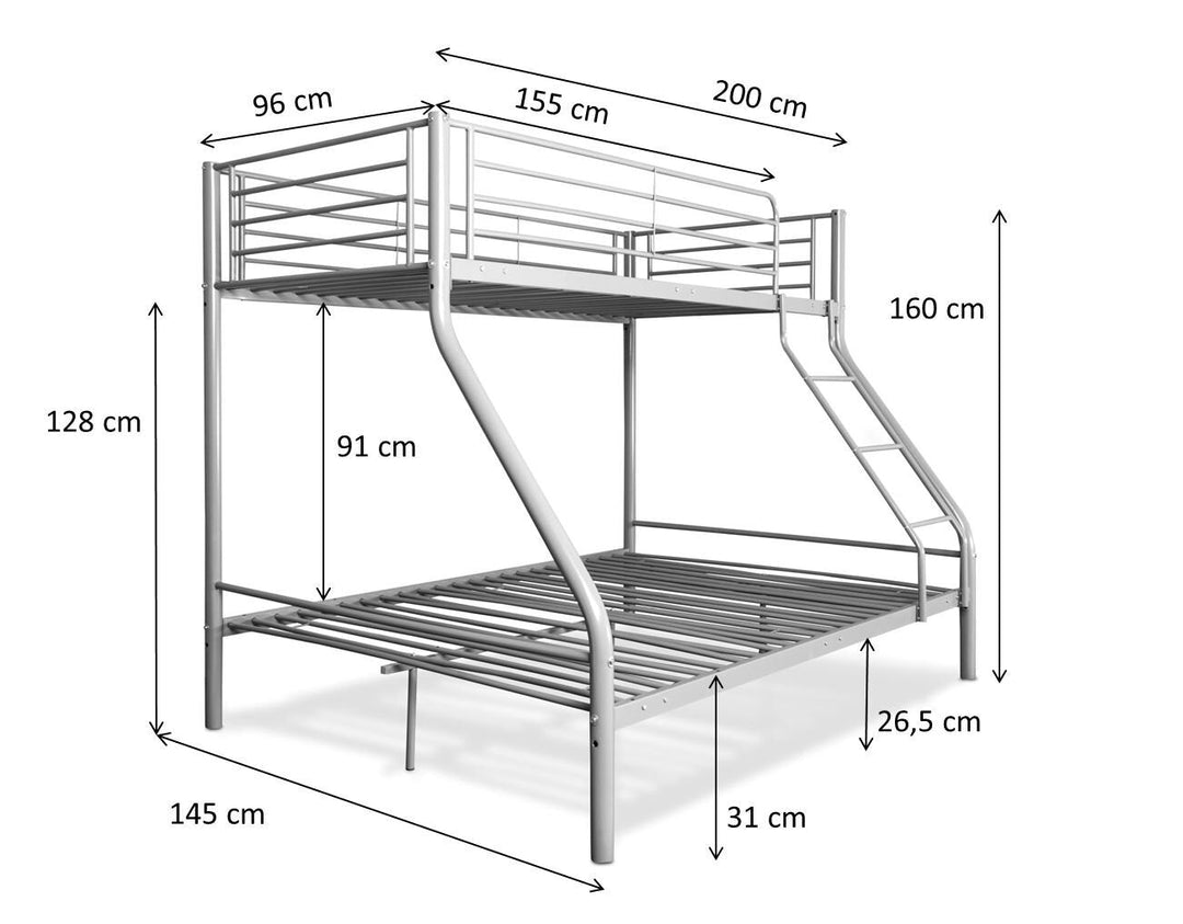 Estructura metálica de litera con las dimensiones indicadas en centímetros: litera superior 96 x 200, litera inferior de 145 cm de ancho, altura total 160 cm. Incluye una escalera.