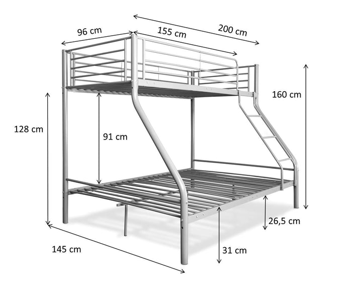 Estructura metálica de litera con las dimensiones indicadas en centímetros: litera superior 96 x 200, litera inferior de 145 cm de ancho, altura total 160 cm. Incluye una escalera.