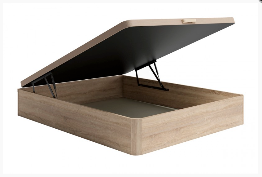 Canapé con tapa abierta, que deja ver su interior vacío. La tapa es negra por dentro y se sostiene mediante dos bisagras. Diseño moderno y funcional.