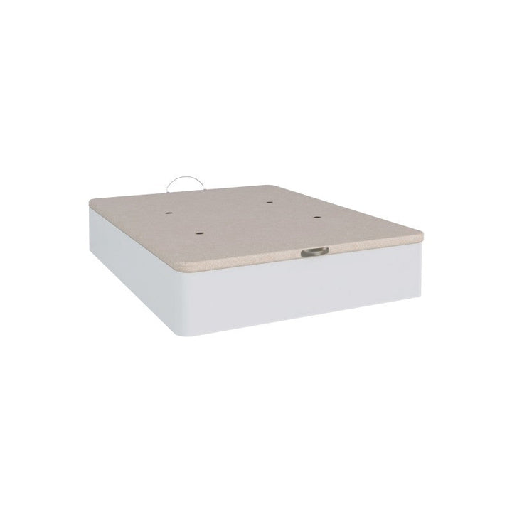 Un canapé cerrado en tonos beige y blanco, con un asa en la parte superior y orificios de ventilación circulares. Su diseño minimalista transmite funcionalidad y sencillez.
