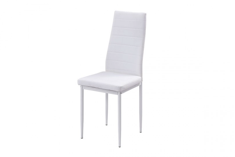 Una silla moderna de color blanco con un respaldo alto y ligeramente curvado y patas finas y rectas sobre un fondo blanco, que destila un diseño minimalista y elegante.