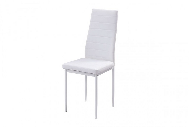 Una silla moderna de color blanco con un respaldo alto y ligeramente curvado y patas finas y rectas sobre un fondo blanco, que destila un diseño minimalista y elegante.
